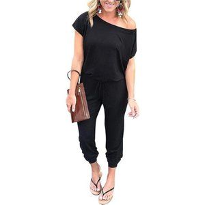 Women's Loose Solid Off Shoulder Elastic Waist Stretchy Long Romper Jumpsuit